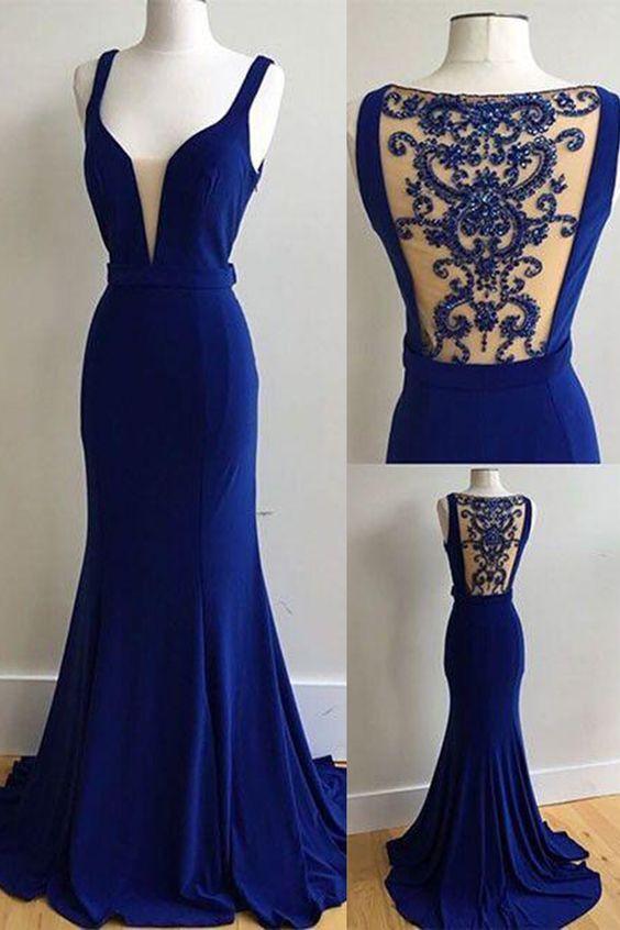 dark blue prom dress, long prom dress, mermaid prom dress, see through back prom dress, evening dresses, BD482