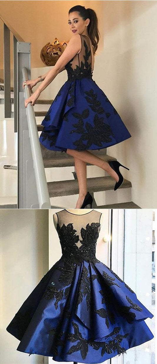 dark royal blue A-line charming short homecoming dresses, BD3834