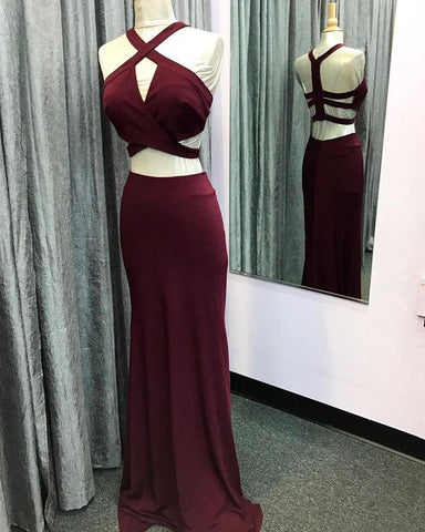 formal two pieces burgundy long prom dress, PD1416