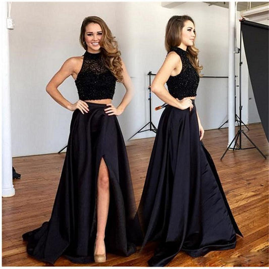 formal beaded top two pieces black side slit long prom dress, PD8593