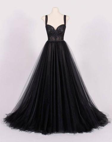 formal two straps A-line black long prom dress, PD59614