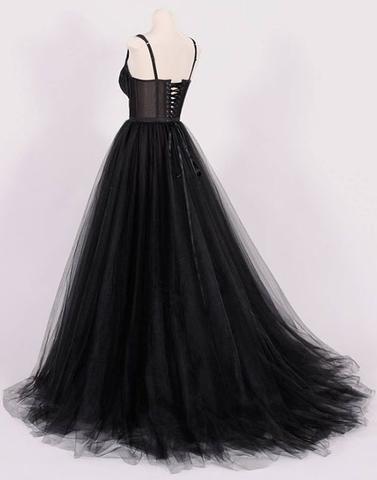 formal two straps A-line black long prom dress, PD59614