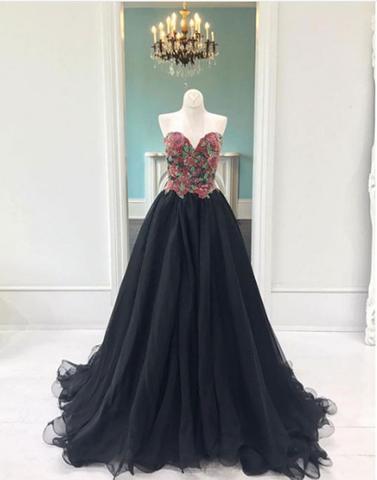 2020 black tulle sweetheart A-line long prom dresses, PD3322