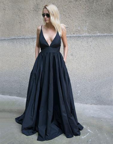 black long v-neck satin formal A-line prom dress, PD3440
