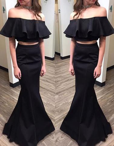 mermaid off shoulder two pieces black formal long prom dress, PD2780