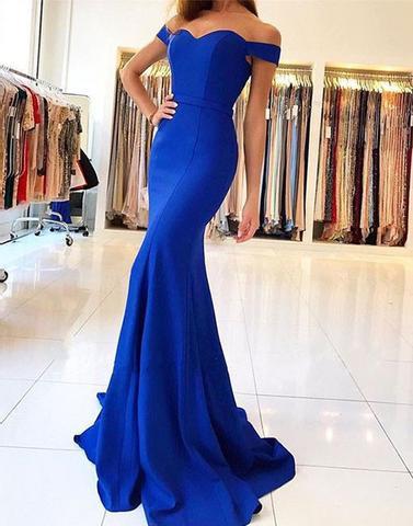 royal blue off shoulder long mermaid formal prom dress, PD5699