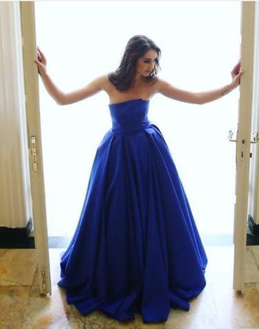 royal blue strapless A-line simple long prom dress, PD7655