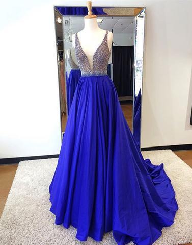 v-neck royal blue beaded long prom dress, PD6545