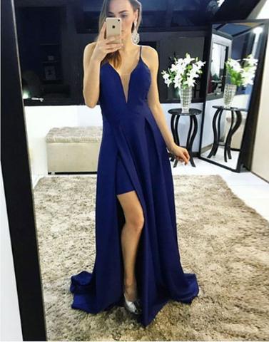v-neck royal blue chiffon side slit long prom dress, PD14565