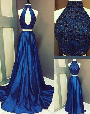 high neck two pieces beaded royal blue long prom dress, PD2541