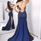 formal blue side slit backless mermaid long prom dress, PD1366