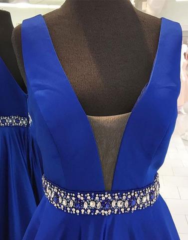 A-line royal blue satin long prom dresses, PD65478