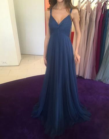 spaghetti straps open back blue chiffon long prom dress, PD6565