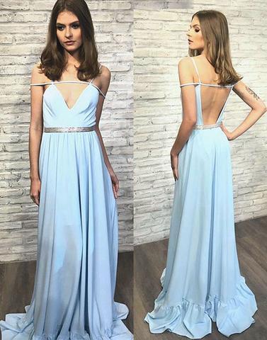 elegant light blue chiffon backless long prom dress, PD6569