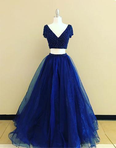 two pieces short sleeves royal blue long formal prom dress, BD757
