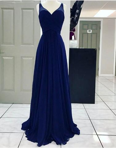 royal blue v-neck chiffon simple long prom dress, PD2575