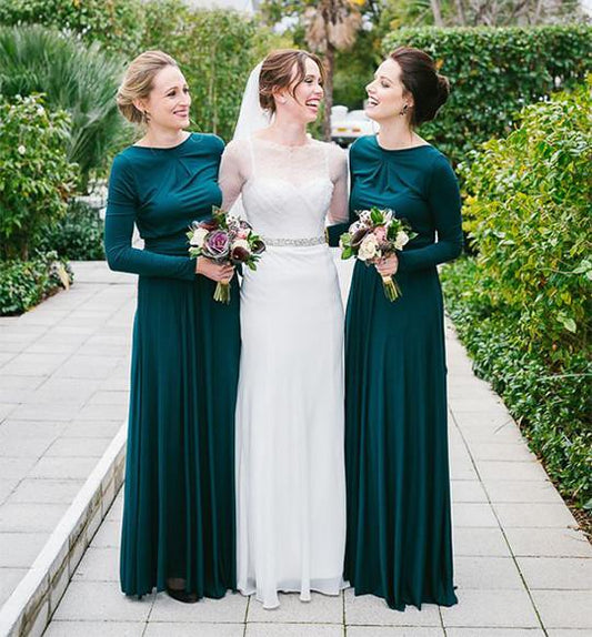 modest long dark teal chiffon long sleeves Bridesmaid dress, BD9720
