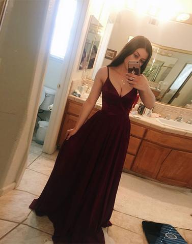 simple burgundy chiffon v-neck long prom dress, PD4546