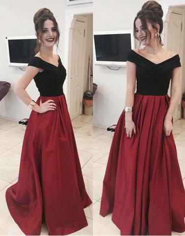 elegant off shoulder A-line formal long burgundy prom dress, PD6574