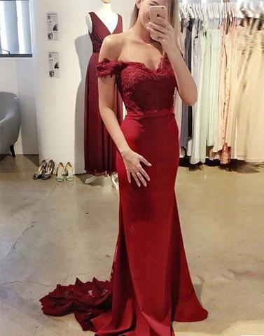 red off shoulder mermaid lace top Bridesmaid Dresses,BD41657