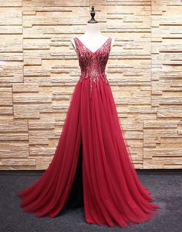 formal V-neck side slit long burgundy tulle prom dress, PD59615