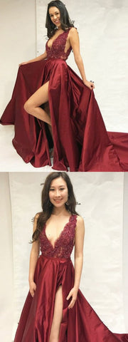 charming v-neck burgundy formal long prom dress with side slit, PD02502