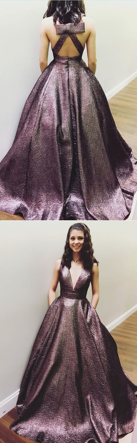 open back dark purple v-neck formal long prom dress, PD4158