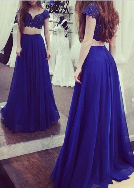 two pieces royal blue short sleeves long prom dress, PD5692