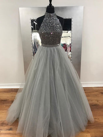 high neck gray tulle beaded top A-line long prom dress, PD8876