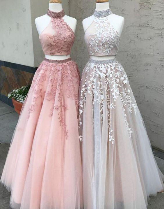 halter two pieces tulle with lace appliques long prom dress, BD749