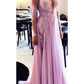 Lilac long lace sexy v-neck long sleeves prom dress with side slit, PD6777