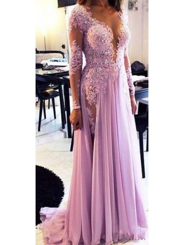 Lilac long lace sexy v-neck long sleeves prom dress with side slit, PD6777