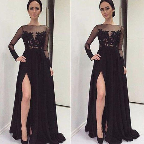 black prom dress, long prom dress, side slit prom dress, lace prom dress, long sleeves evening dress, BD519