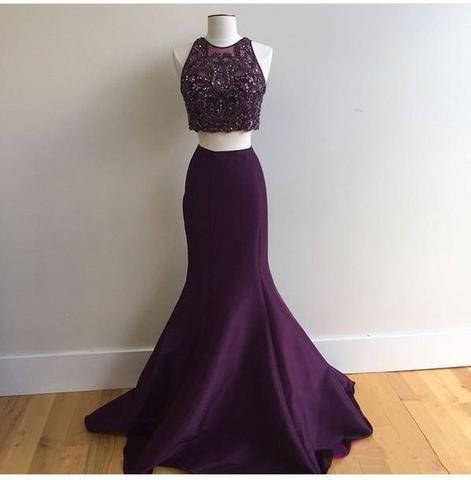 dark purple two pieces beaded top mermaid long prom dress, PD757