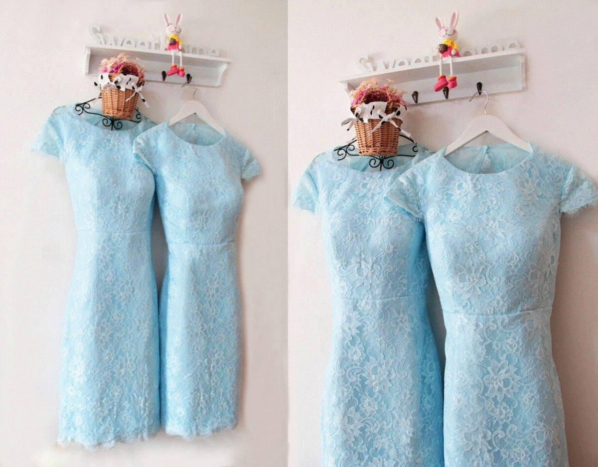 light blue lace short sleeves knee-length bridesmaid dress, BD46577
