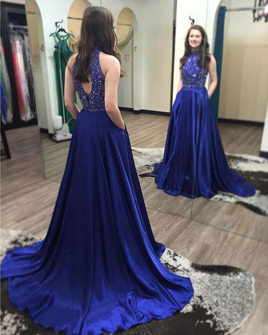 royal blue prom dress, long prom dress, beaded prom dress, prom dress, charming evening gown, BD381