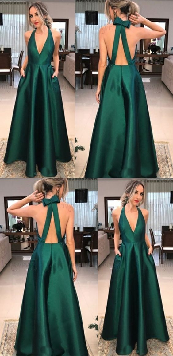 Green v-neck halter satin long prom dress, PD5890