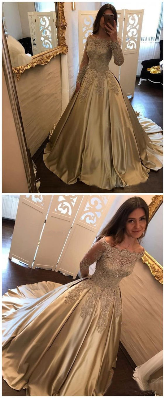 modest long sleeves gold lace appliques A-line prom dress, PD1455