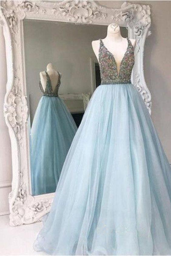 light blue prom dress, beaded prom dress, A-line prom dress, tulle prom dress, evening gown, BD484