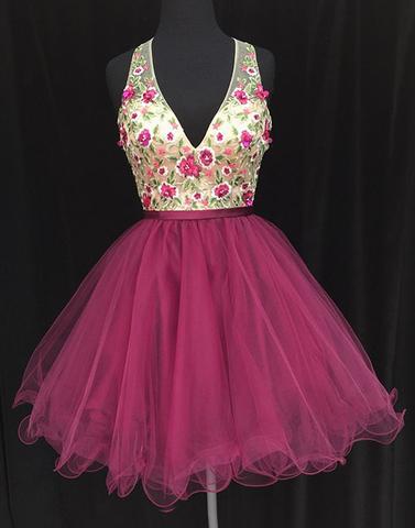 v-neck hot pink tulle short open back homecoming dress, HD544