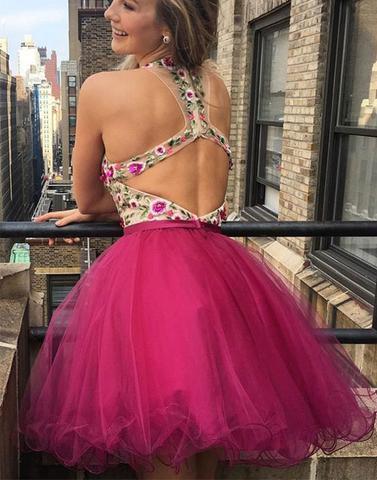Hot Pink V-Neck Tulle Homecoming Dress - JLDressCA Hot Pink V-Neck Tulle Homecoming Dress - JLDressCA