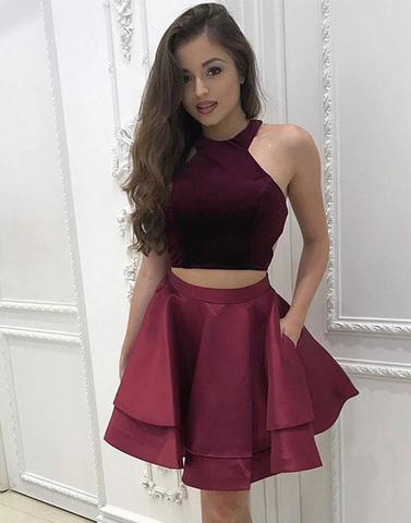 halter two pieces burgundy A-line short homecoming dress, HD488