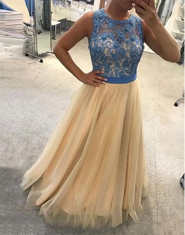 A-line tulle formal round neck  long prom dresses, PD3324