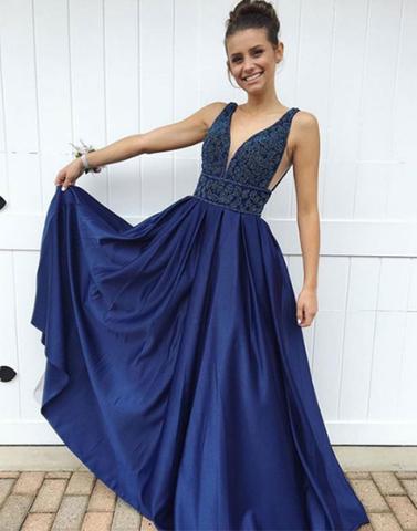 v-neck A-line open back beaded royal blue long prom dress, PD2542