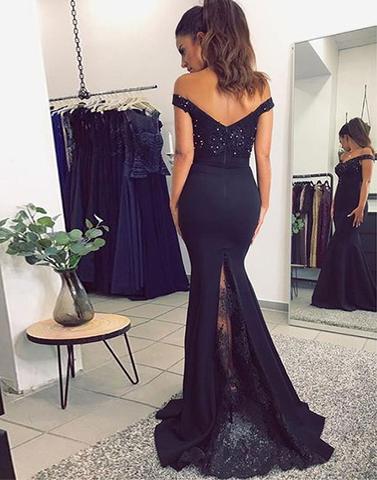lace train off shoulder navy blue mermaid long prom dress, PD6567