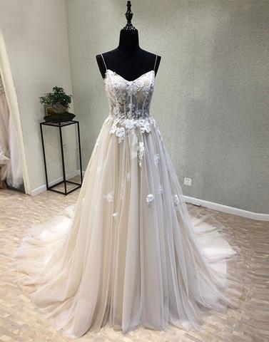 charming tulle spaghetti straps A-line long prom dresses, PD56563