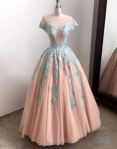 A-line cap sleeves scoop tulle long prom dress with lace appliques, PD6848