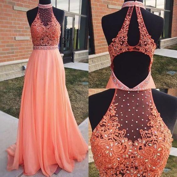 charming orange chiffon halter long prom dresses, PD552