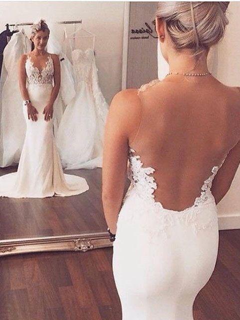 elegant simple white open back long wedding dress, WD280
