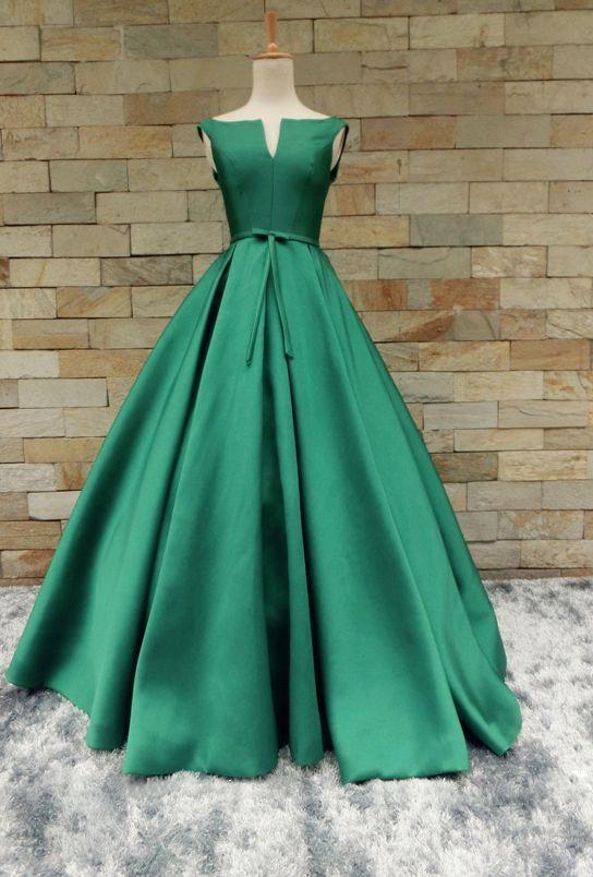 hunter green satin A-line formal elegant long prom dress, PD11146